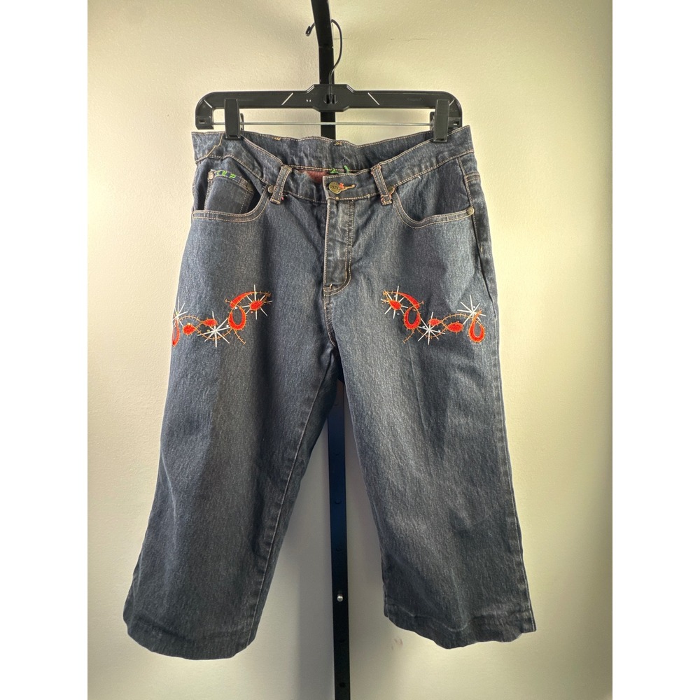 SNP Collection Mens Vintage Dark Embroidered Denim Shorts Jorts Blue Y2K Size 34